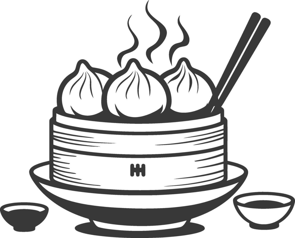 Dumplings in a bowl with chopsticks and steaming hot water vector
