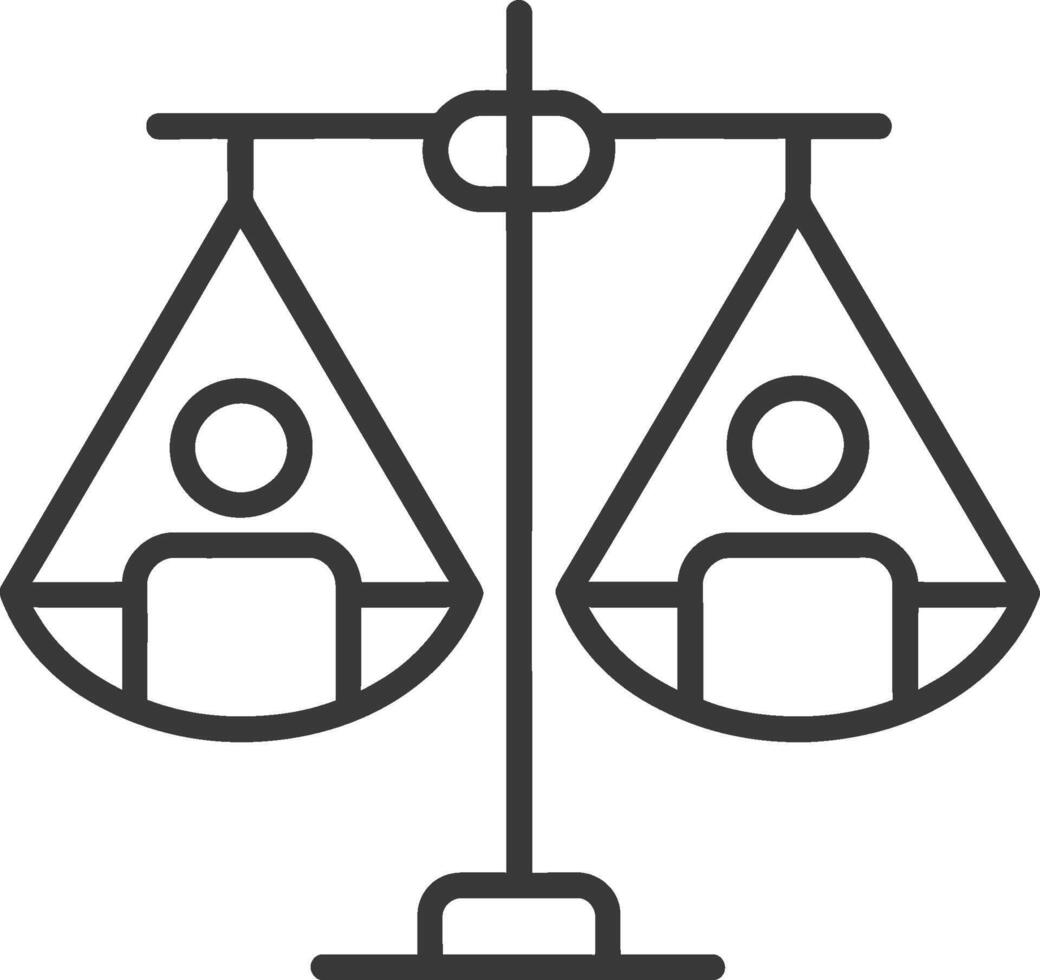 Line drawing of a balance scale with two people on each side vector