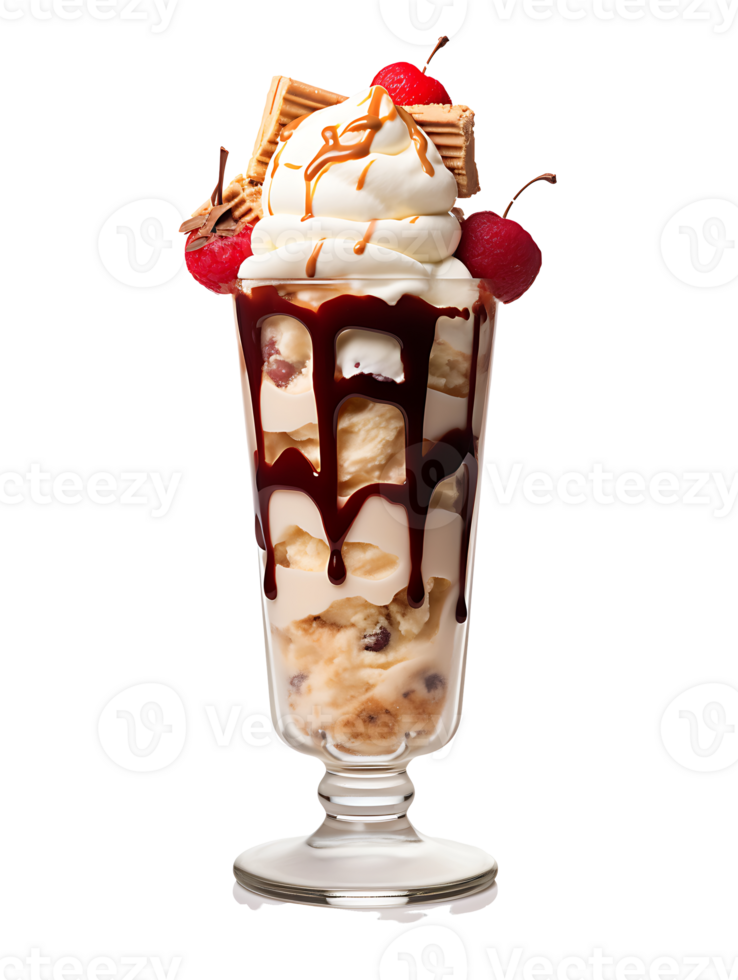A dessert sundae with ice cream, whipped cream, and cherries png