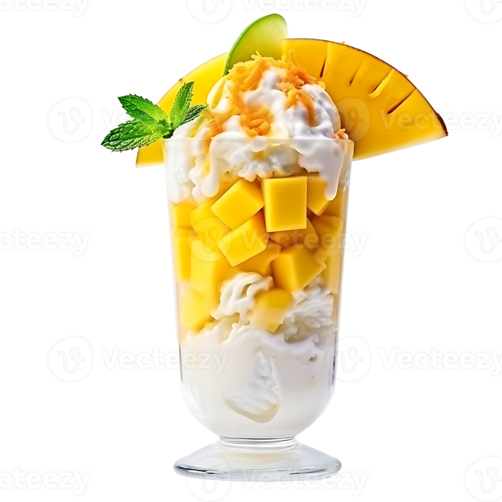 Mango ice cream with mango slices and mint png