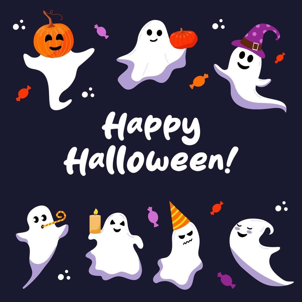 Greeting card with cute ghosts. Funny ghosts in hat with pumpkin. Holiday cartoon characters set on blue background. vector