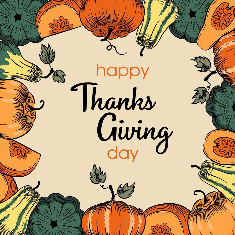Autumn pumpkin sketch square frame. Thanksgiving greeting card. vector