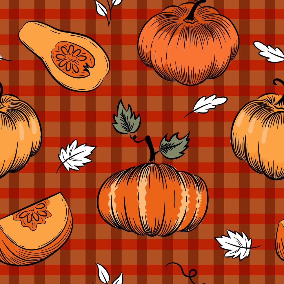 Autumn pumpkin sketch seamless pattern. Whole pumpkins of various shapes, piece of pumpkin, leaves on brown checkered background. vector