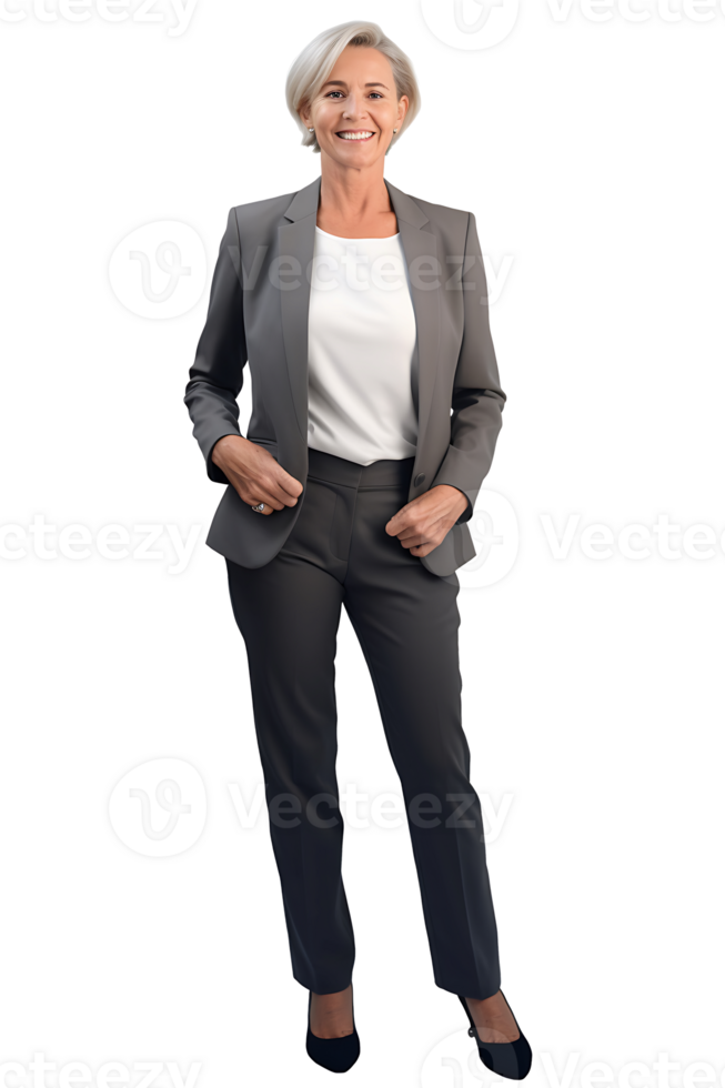 A woman in a suit standing with her hands in her pockets png