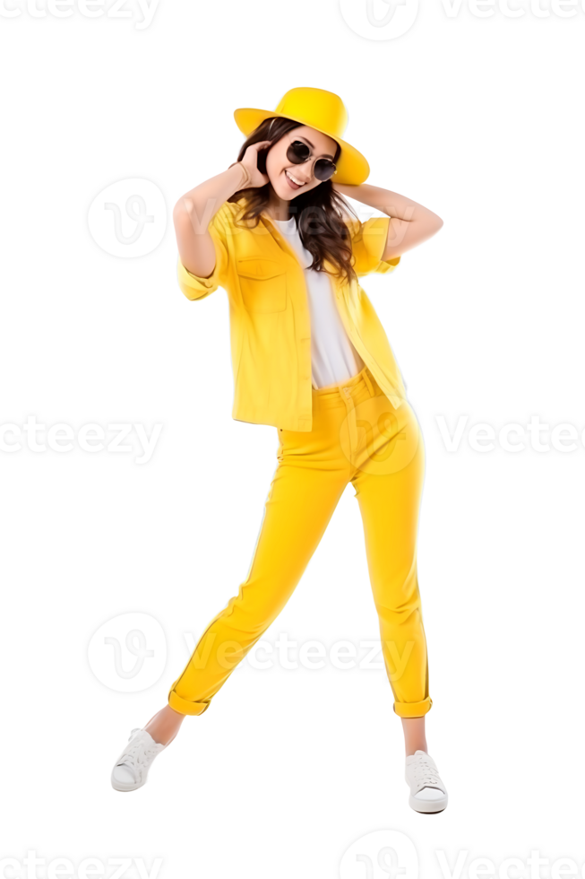 A woman in yellow outfit posing for the camera png