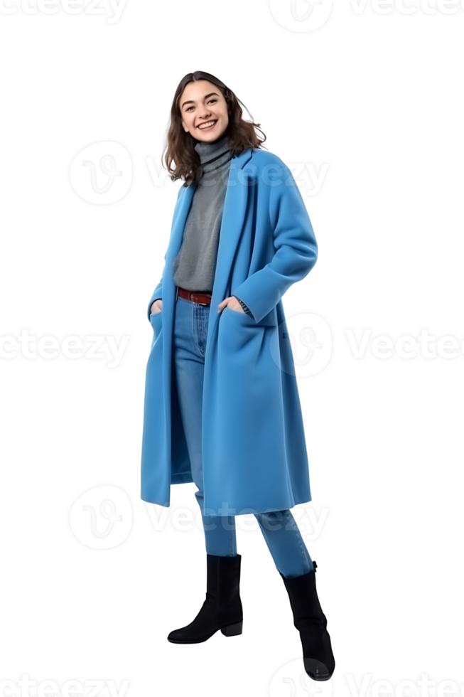 A woman in a blue coat and boots png