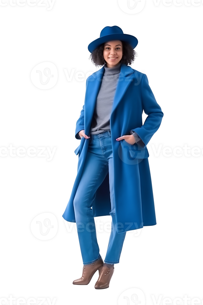 A woman in a blue coat and hat png
