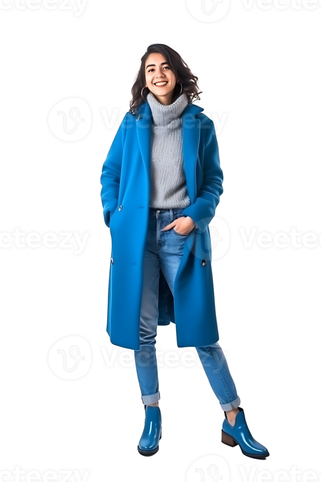 A woman in a blue coat and jeans png