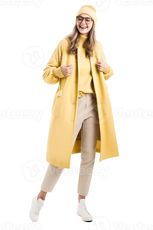 A woman in a yellow coat and hat posing for the camera png
