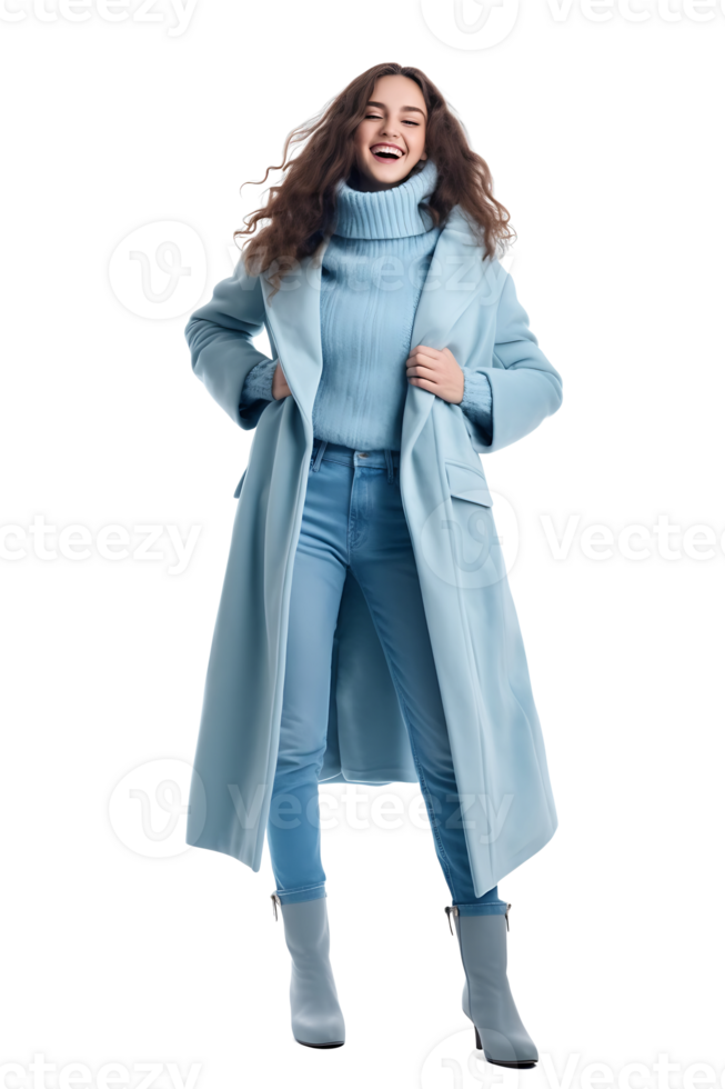Woman in blue coat and jeans posing for a photo png