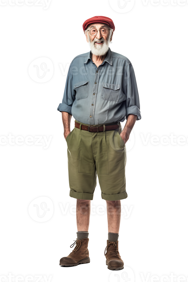 An older man wearing shorts and a red hat png