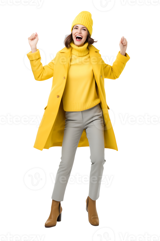A woman in a yellow coat and hat is jumping png