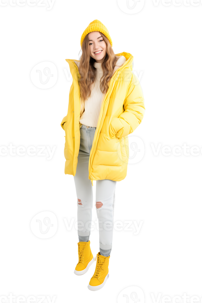 A girl in a yellow coat and jeans png
