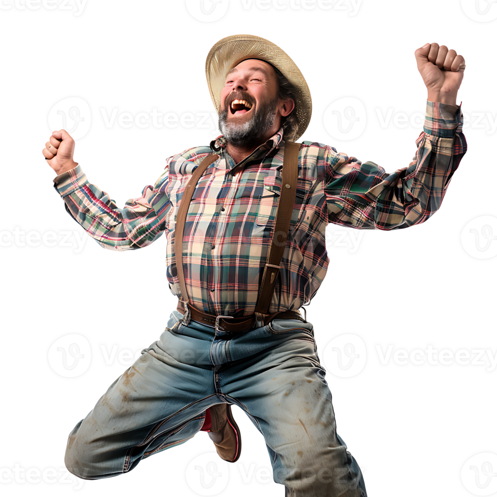 A man in a plaid shirt and suspenders is jumping png