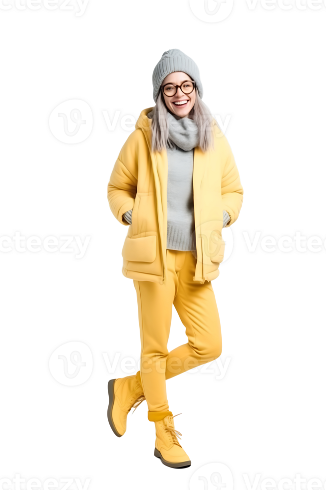 Woman in yellow jacket and glasses posing for a photo png