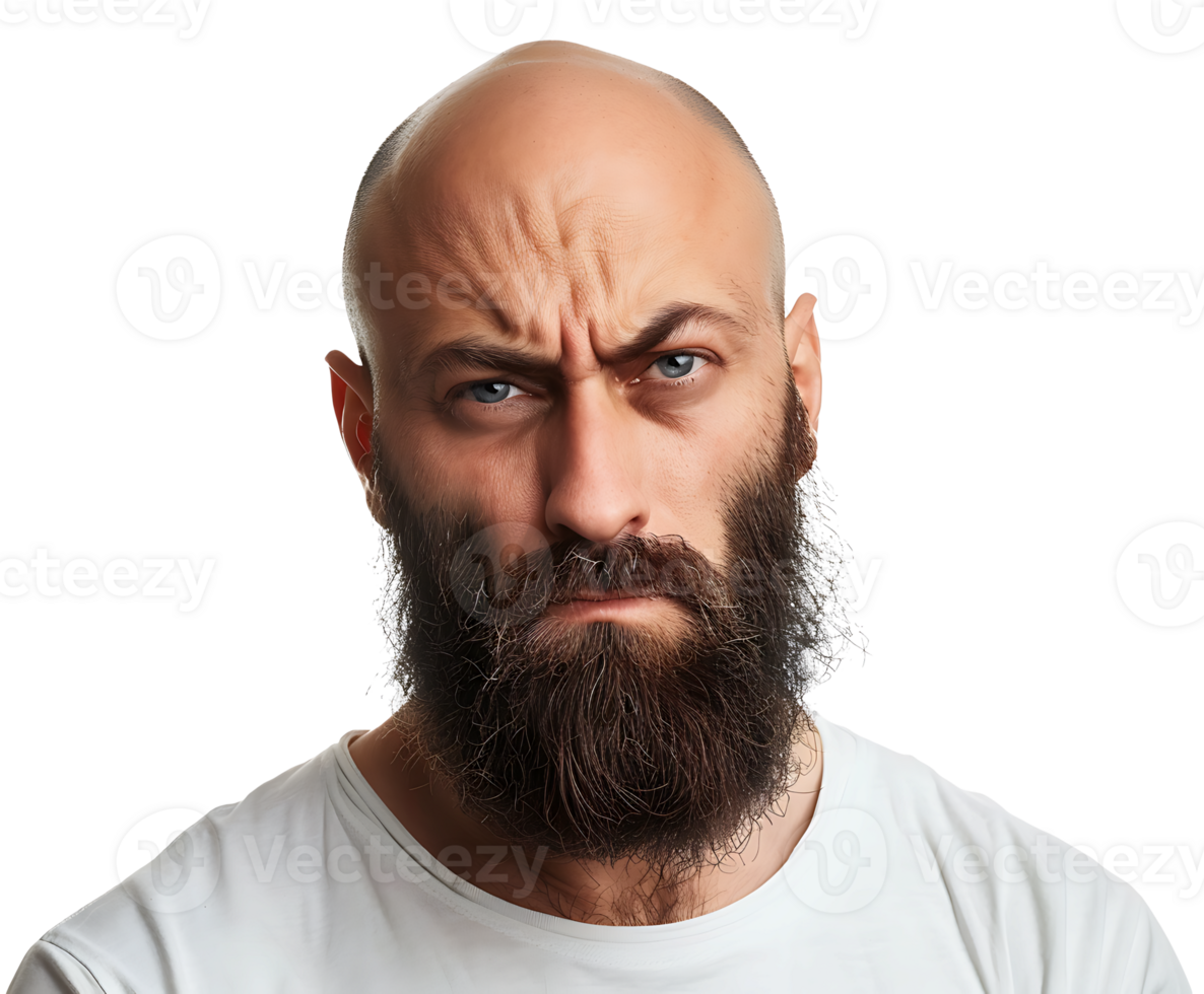 A bald man with a beard and a white t - shirt png