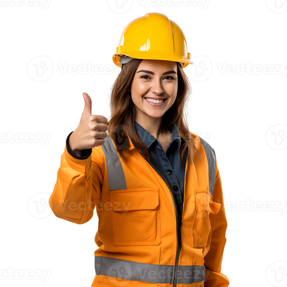 A woman in an orange safety vest and hard hat giving the thumbs up png