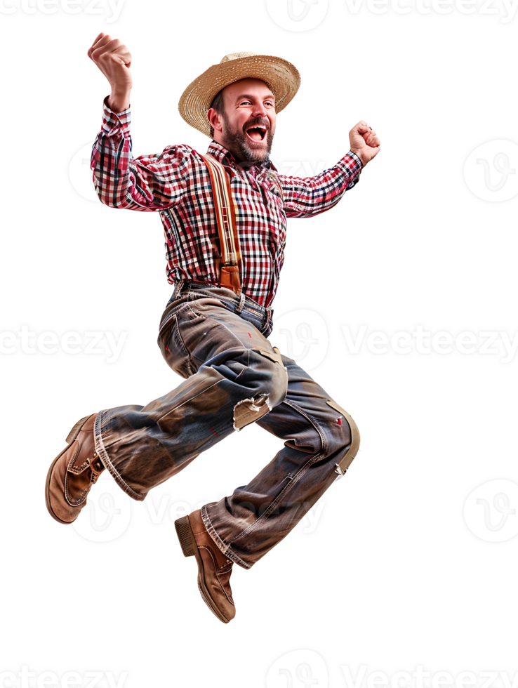 A man in a cowboy hat and overalls is jumping png