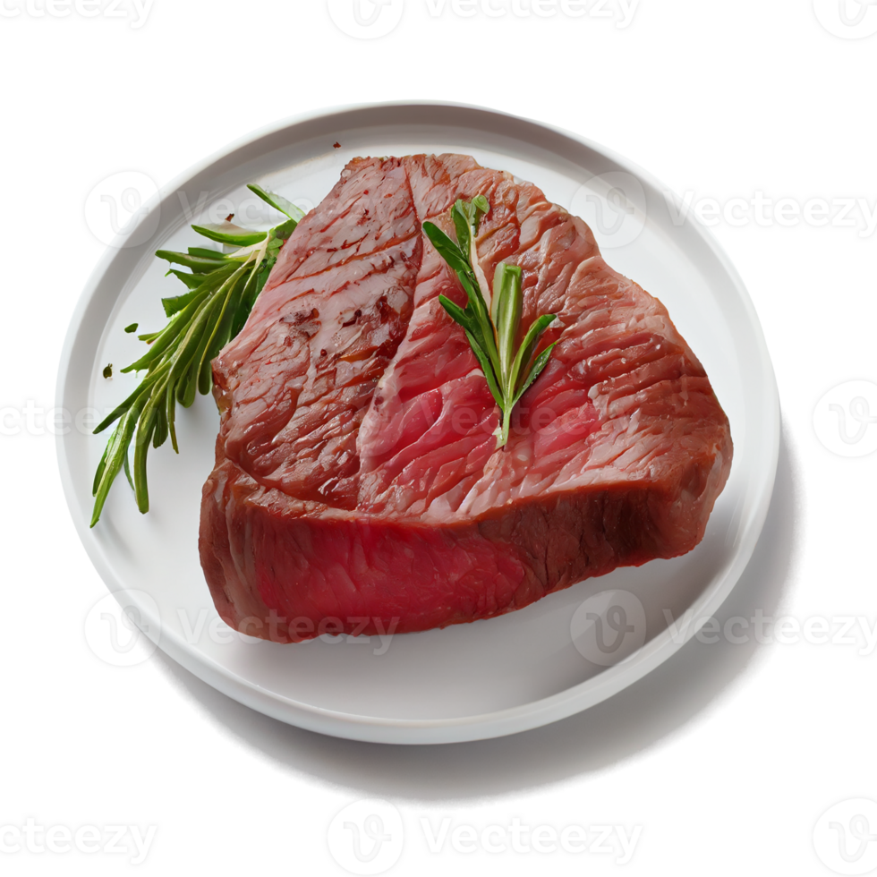 A piece of steak on a plate with rosemary png