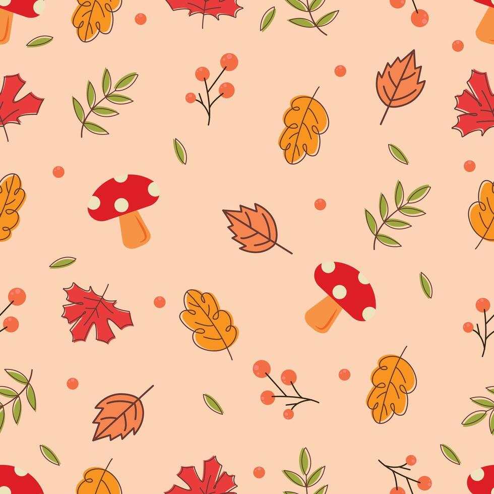 Fall leaves with Autumn mushroom Seamless pattern vector