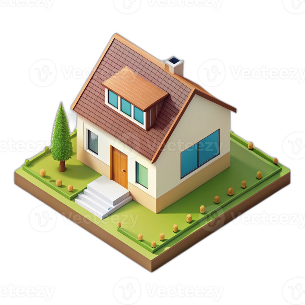 A small house with a tree and a tree in front of it png