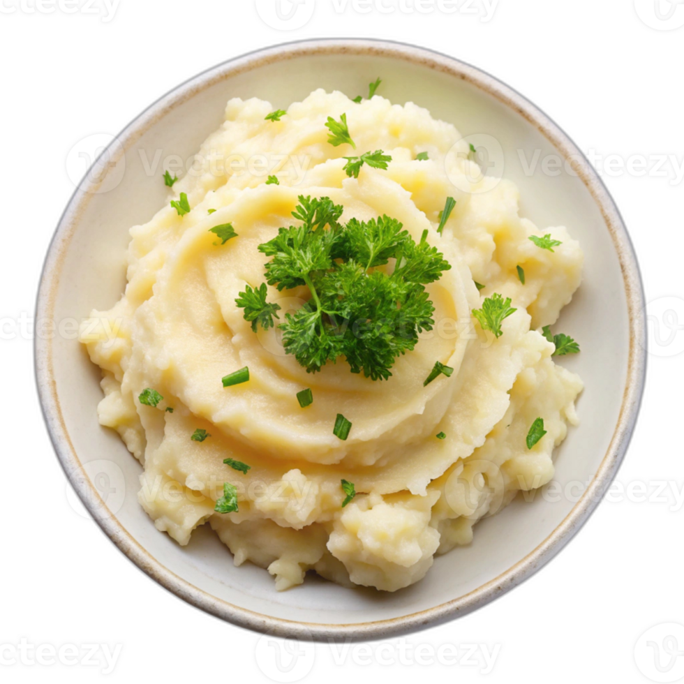Mashed potatoes with parsley on a white plate png