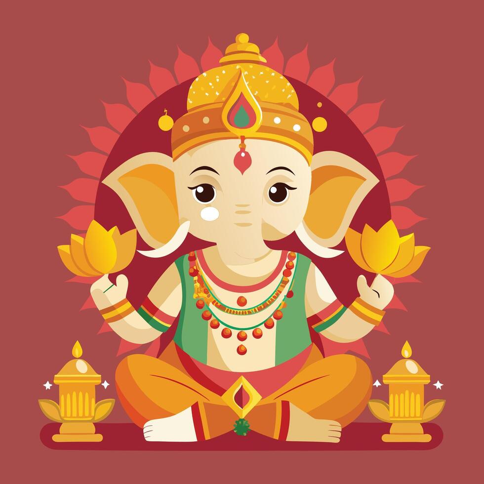 Lord ganesh with lotus flowers and lamps vector