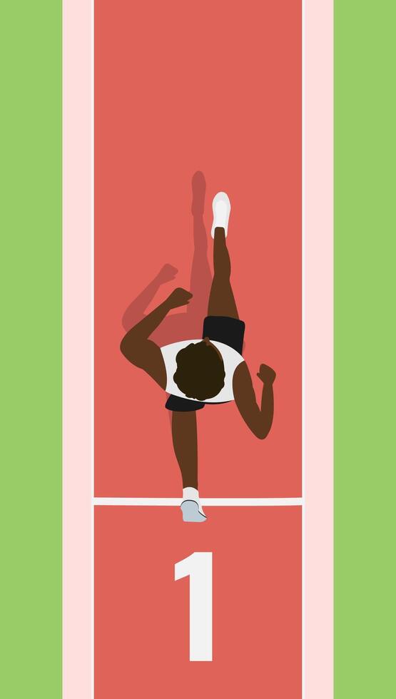 A black man is running in a track and is wearing a white t-shirt. Man on running track. Top view of running track. vector