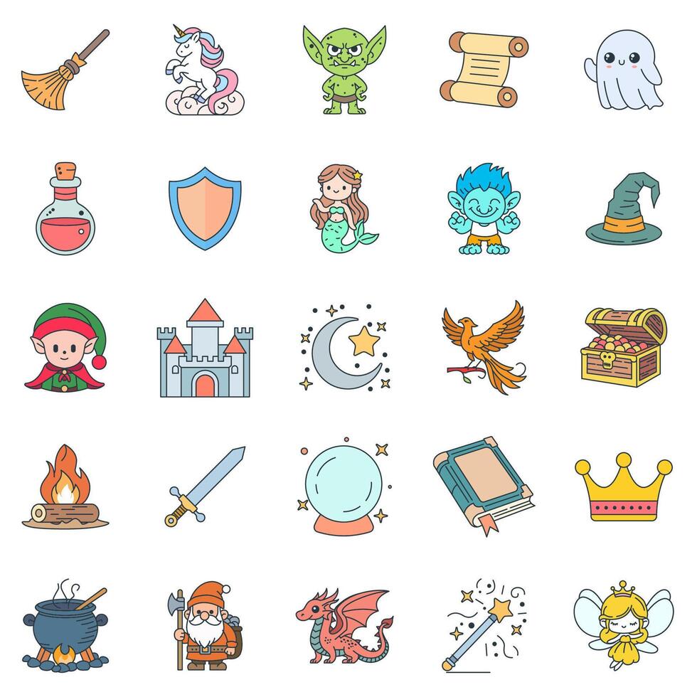 Medieval Fantasy icons set, Included icons as Book of Spells, Fairy, Dragon, Dwarf and more symbols collection, logo isolated illustration vector