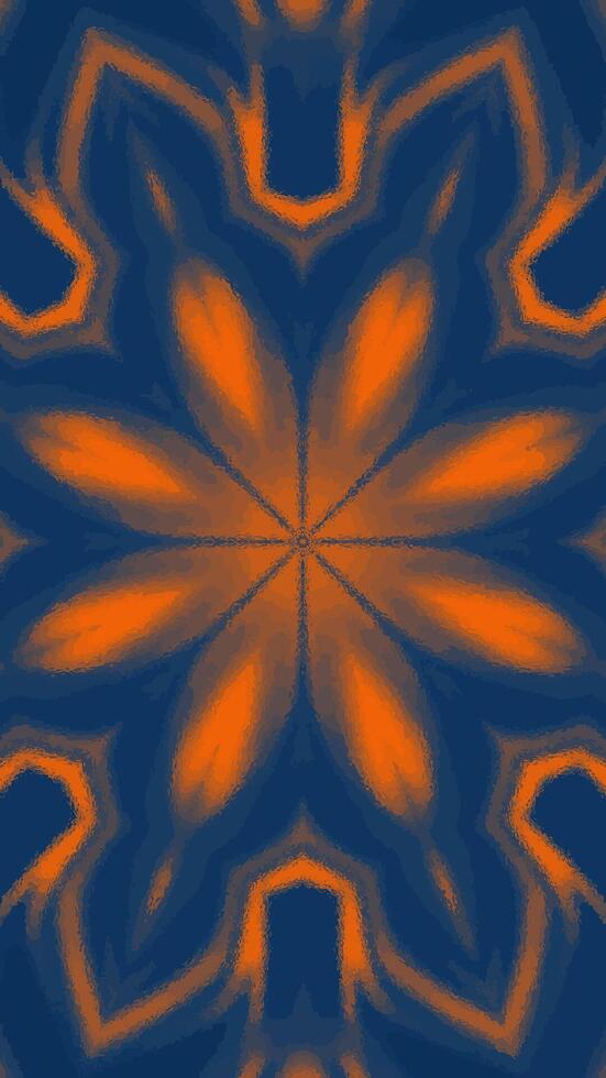 Seamless floral kaleidoscope pattern. Complex symmetrical design. Dark blue and orange color palette. Dramatic and impactful composition. Intricate floral motifs. Great for fabric textiles, stationery vector