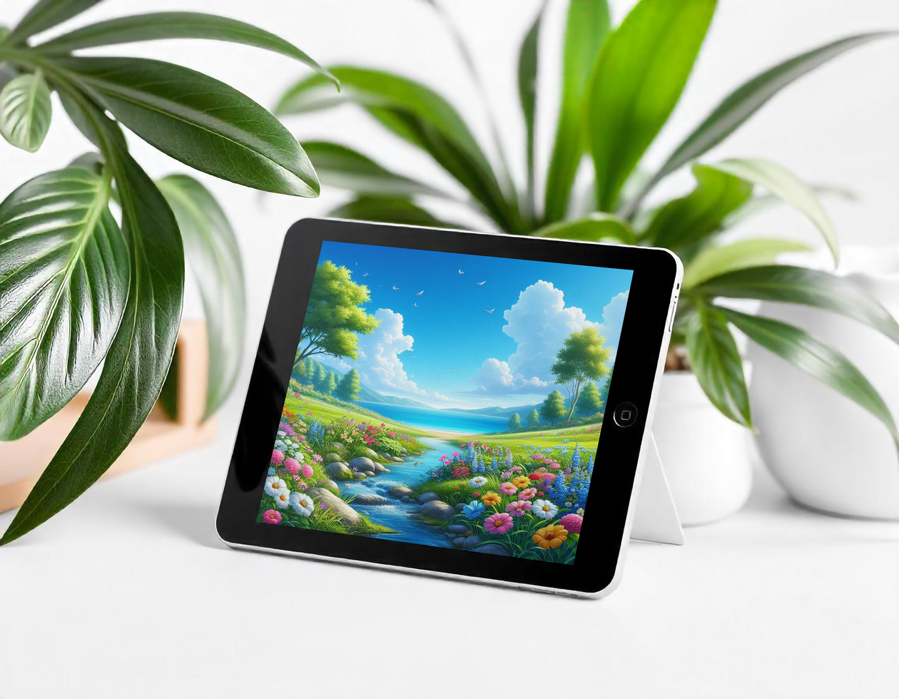 A tablet with a landscape scene on it is sitting on a table next to a plant psd