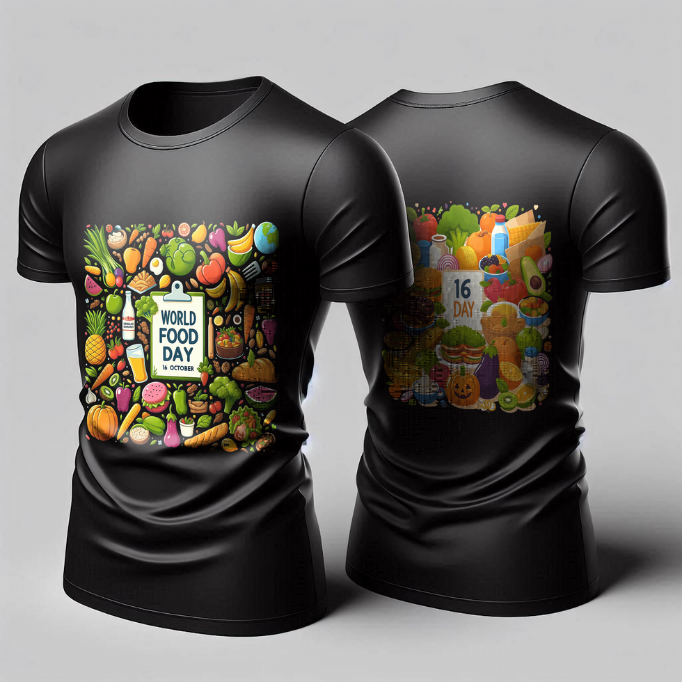 Two t - shirts with colorful fruits and vegetables psd