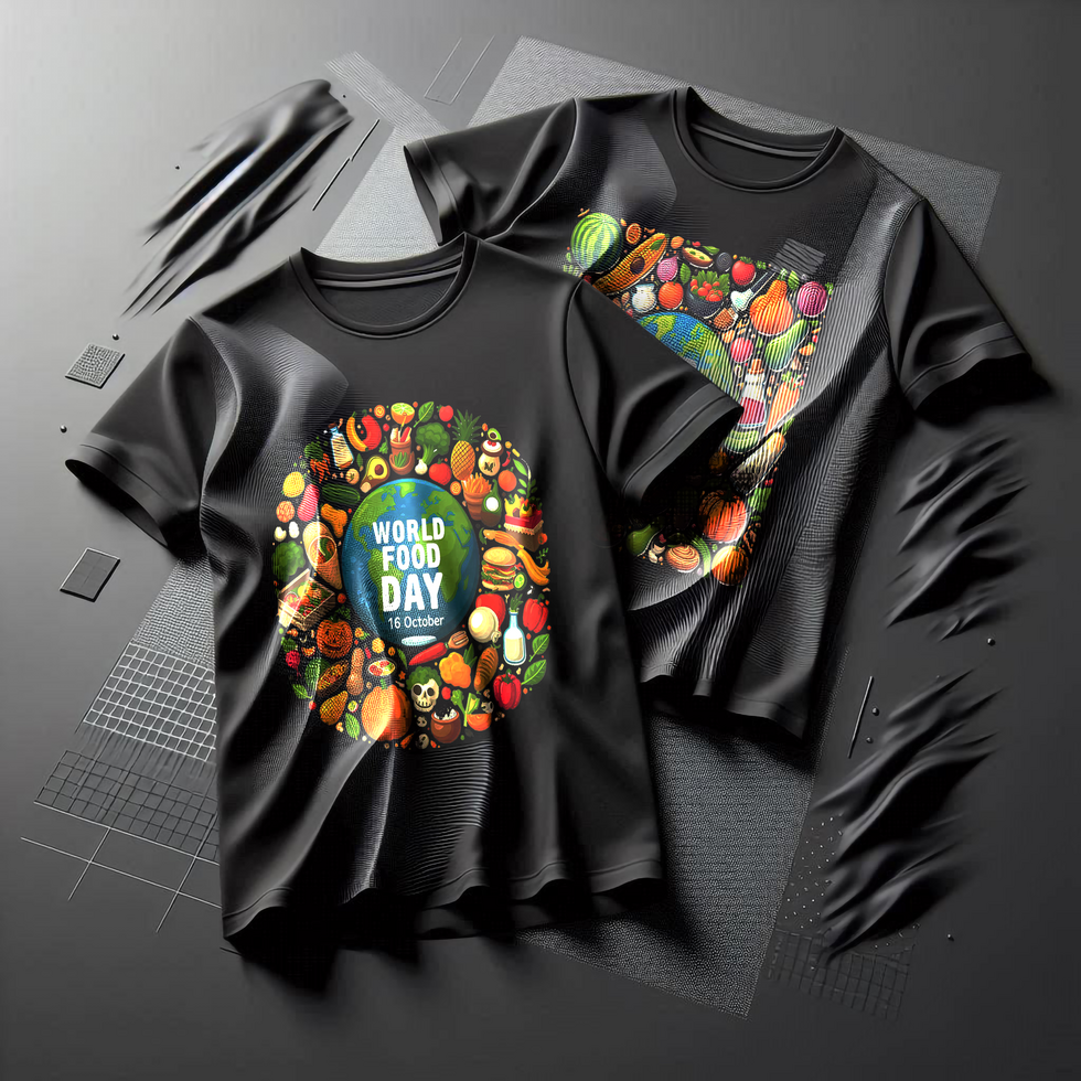 Two t - shirts with colorful fruits and vegetables on them psd