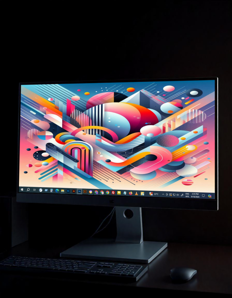 A computer monitor with a colorful graphic on it psd