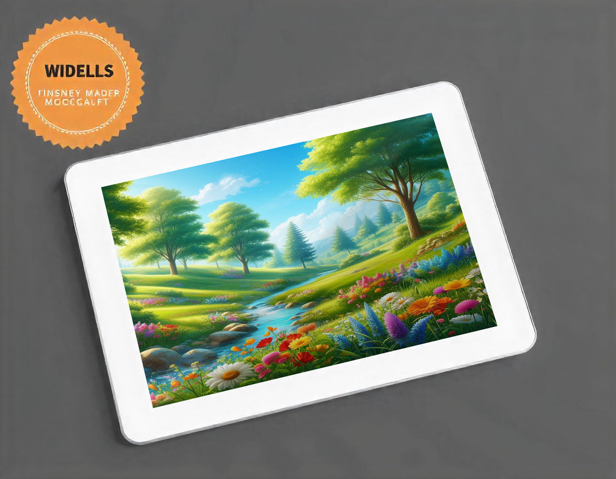 A tablet with a picture of a forest and a stream psd