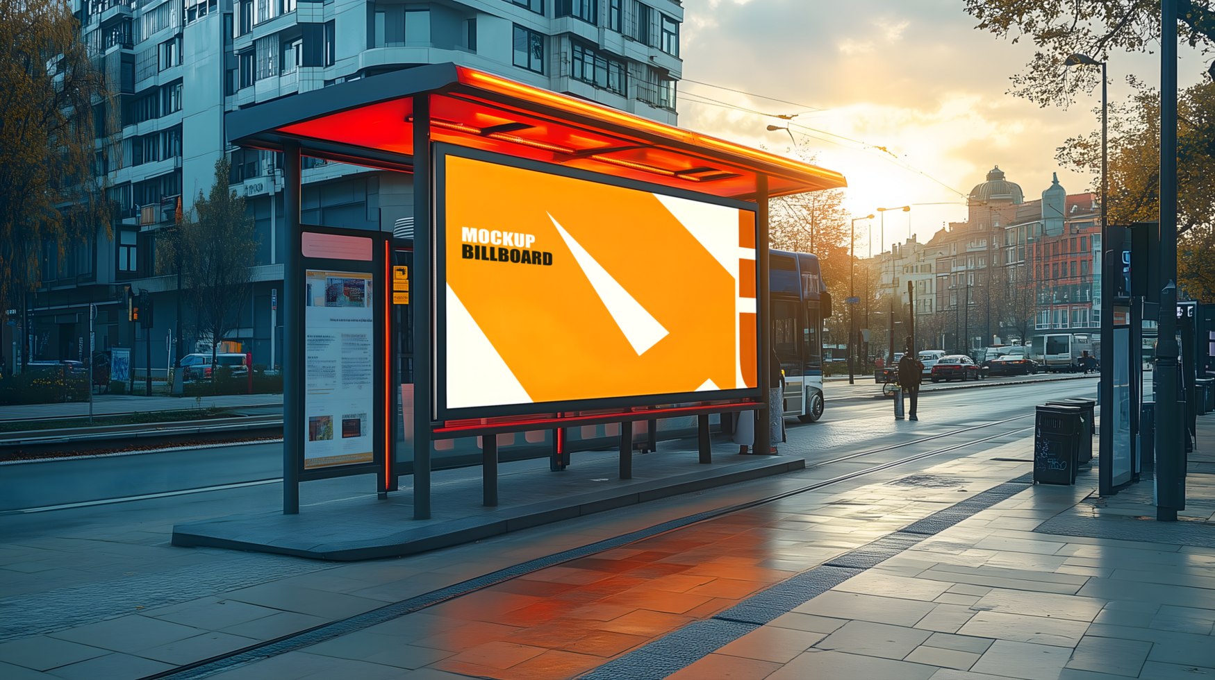 An orange billboard is sitting on the side of a bus stop psd