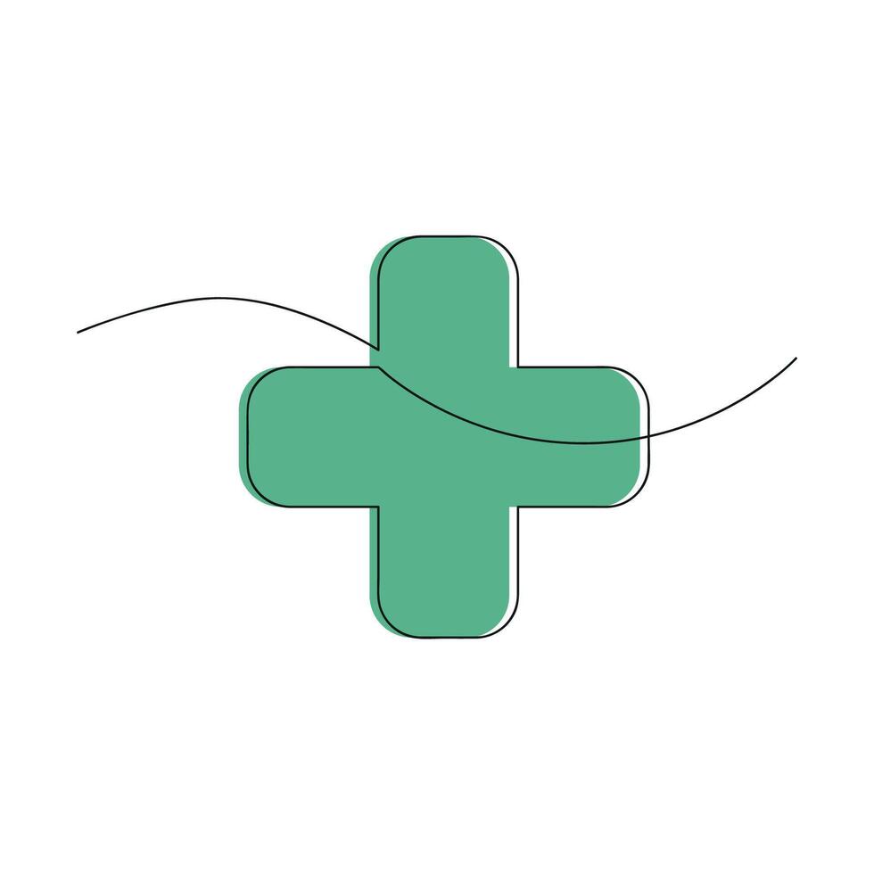 Green cross in one continuous line. One line drawing, minimalism. vector