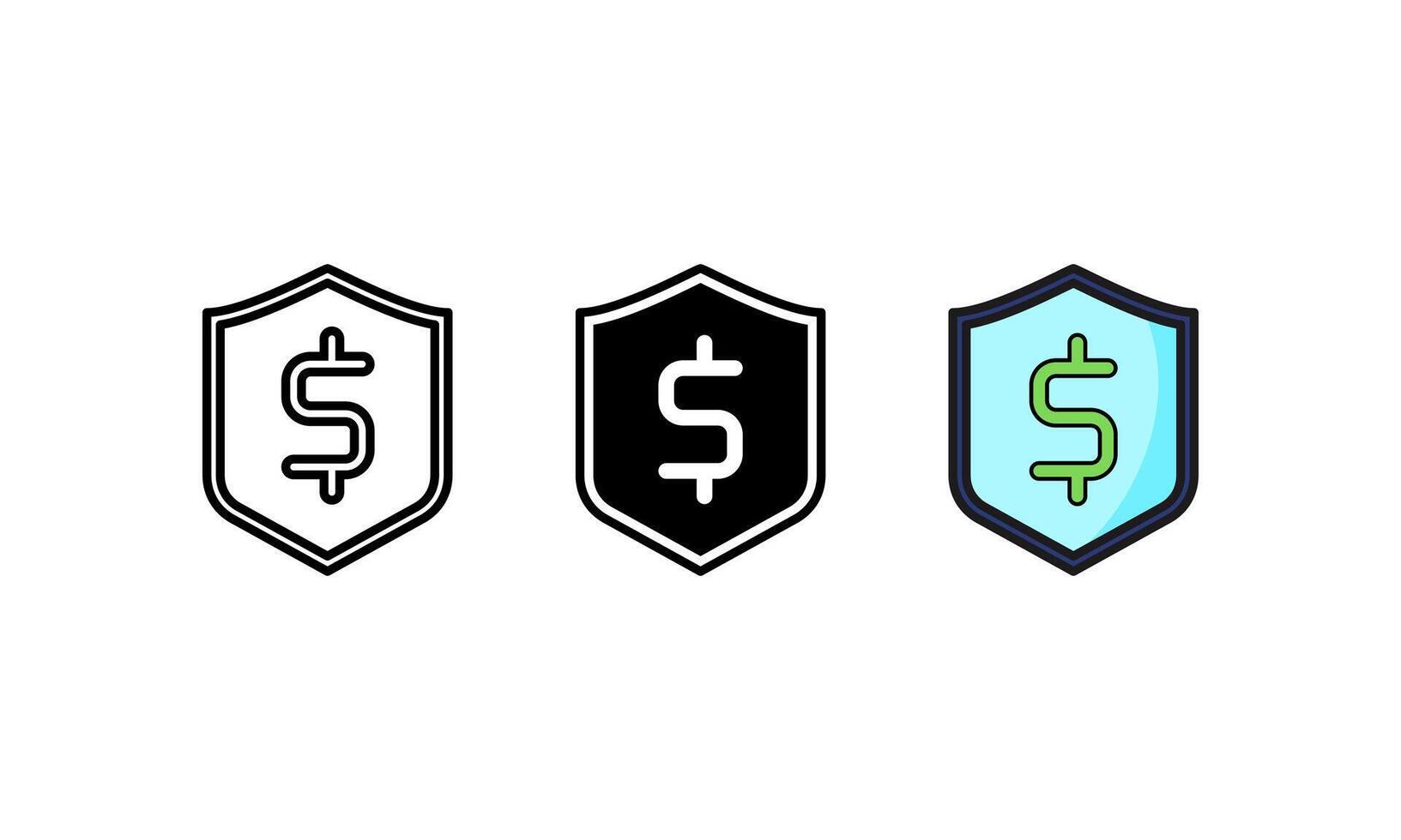 Three different icons for a shield with a dollar sign vector