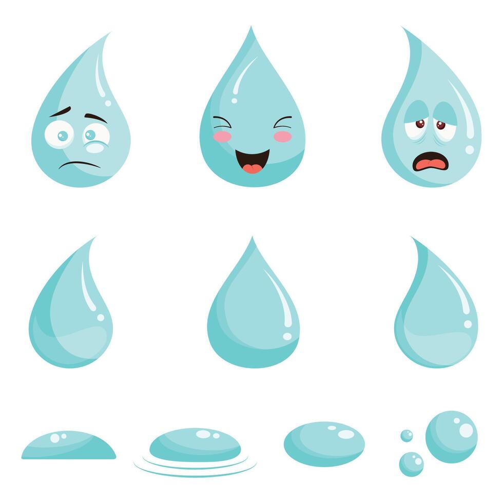 Set of isolated blue water drop or raindrop emoticons icon set. vector