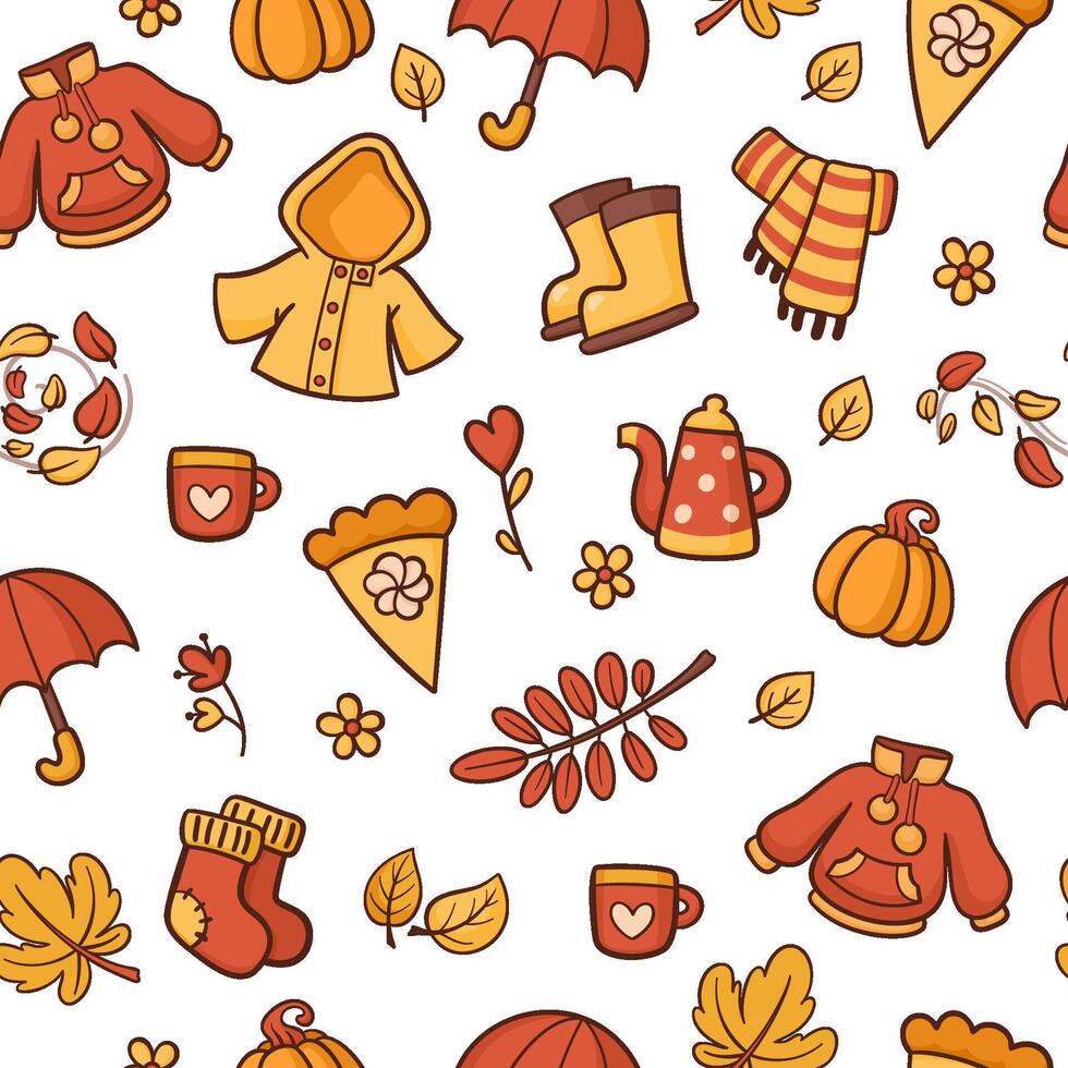 Autumn seamless pattern. Warm and cozy autumn things, hand drawn. Raincoat, sweater, teapot and cup, autumn leaves. Cute background. vector