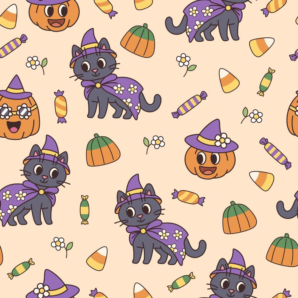 Groovy hippie Halloween seamless pattern with witch black cats and pumpkin. Cute and cheerful retro background. Candies and flowers. vector