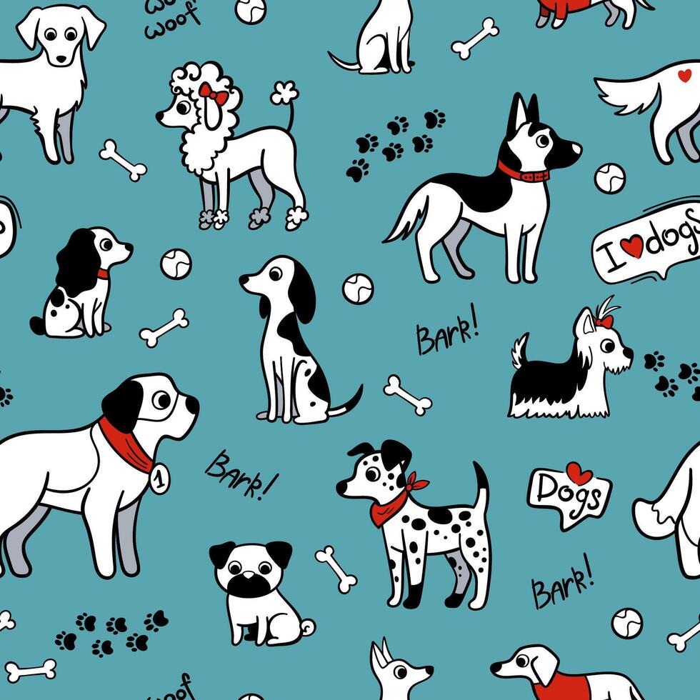 Kids dogs seamless pattern. Doodle background with white and black dogs of different breeds. Bones, paw prints and inscriptions woof and i love dogs vector
