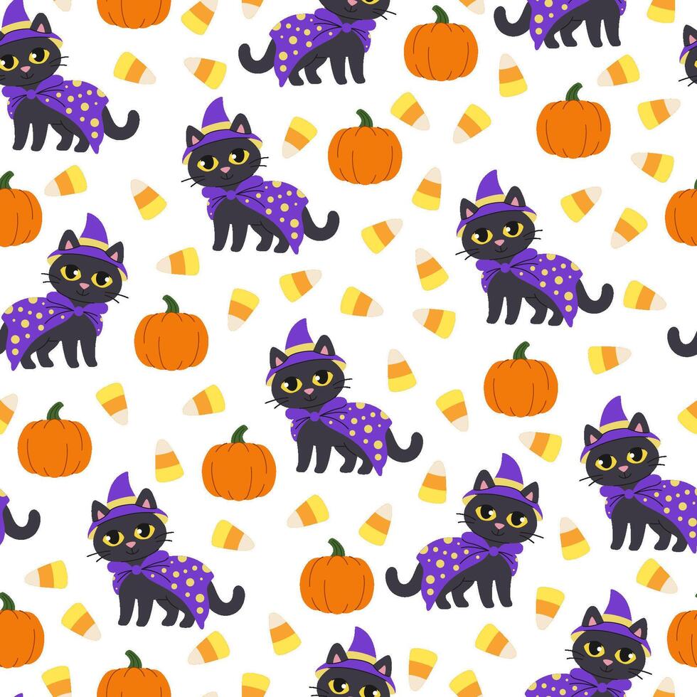 Halloween seamless pattern with black cats in witch hat and cloak. Pumpkins and candies on background. Halloween background. vector