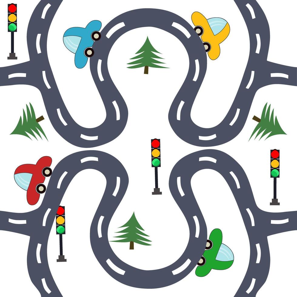 Cute kids seamless pattern with roads and hand drawn cars. Can be used for children's carpet, textiles, board game pattern for boys. vector