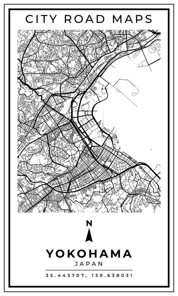 Monochrome Line Art Map of Yokohama City of Japan, Illustration and home decoration vector
