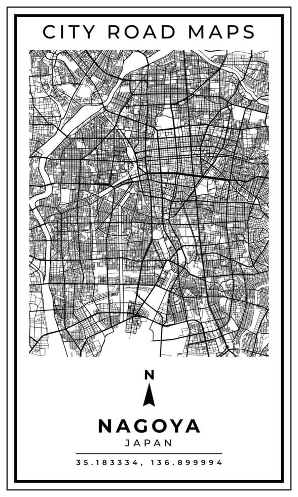 Monochrome Line Art Map of Nagoya City of Japan, Illustration and home decoration vector