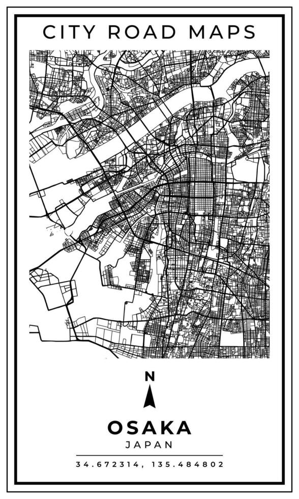 Monochrome Line Art Map of Osaka City of Japan, Illustration and home decoration vector