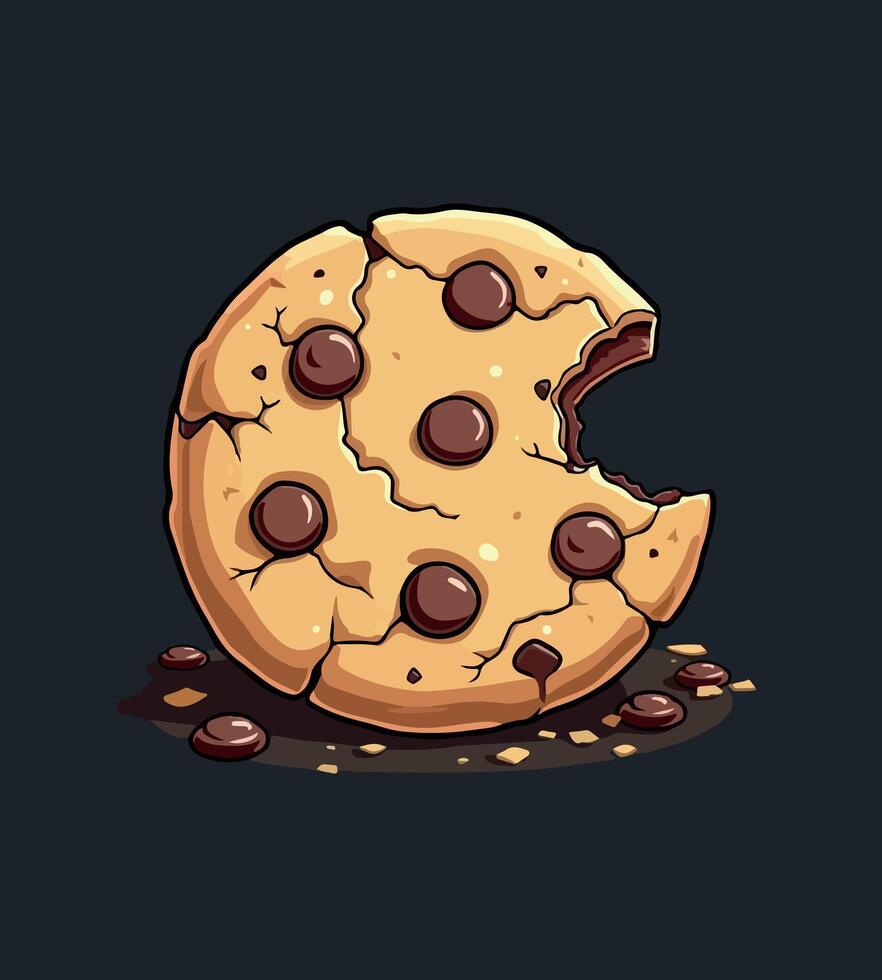 a cookie with chocolate chips and a half eaten cookie with a hole in the middle. vector