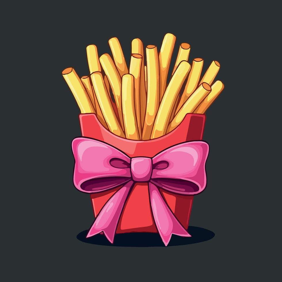 a box of golden french fries with a pink bow and a bow. vector