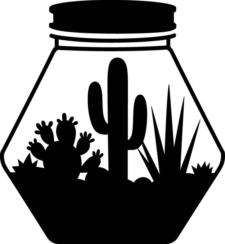 A black and white silhouette of a jar with cactus plants vector